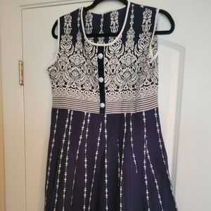 Damask Print Dress Cotton Blend Navy White Boho Statement Size L‎